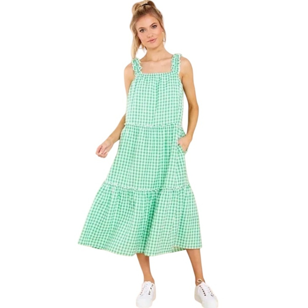 Moodie Kelly Green Gingham Ruffle Strap Lined Tiered Midi NWT Dress Sz S